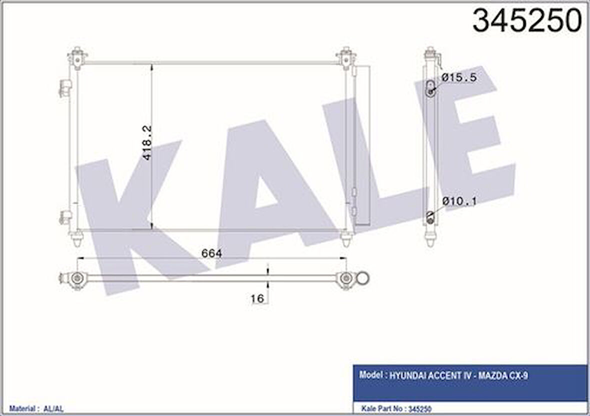 Kale 345250 Klima Kondenseri Accent Era 1.4 10 Mazda Cx-9 3.5-3.7 07 706X411X16 Mek Opsıyonlu Otom Al Al TD1161480A