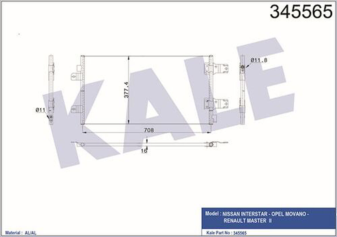 Kale 345565 Klima Radyatörü Kondanser Interstar Opel Movano Renault Master II 2.5 DCI 06- 2765000Q0B