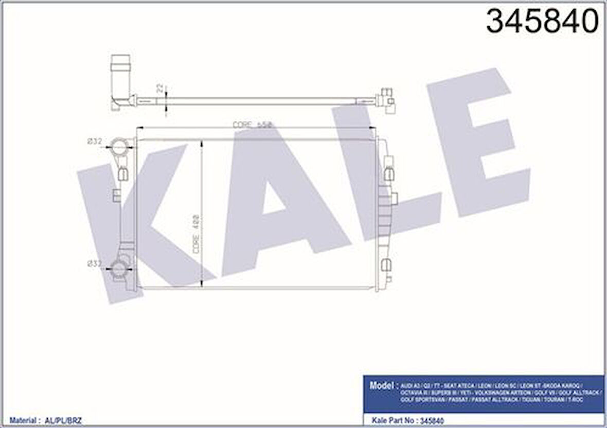 Kale 345840 Motor Su Radyatörü 650x395x22 A3 1.2 1.4 1.6TDI Golf VII 1.2 1.4 1.6TDI 12- 5Q0121251EM