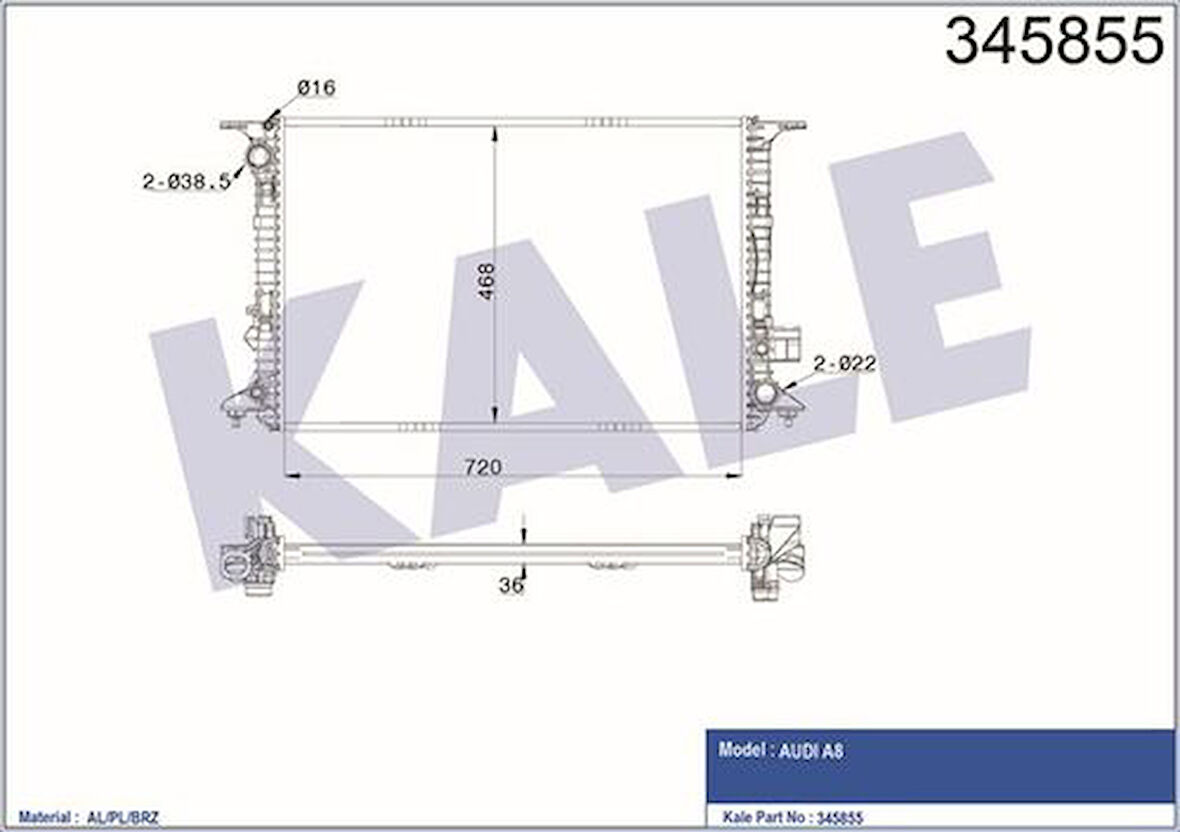 Kale 345855 Motor Su Radyatörü Audi A8 2.0 2.5 3.0TFSI 3.0TDIq Otomatik 10- 4H0121251C