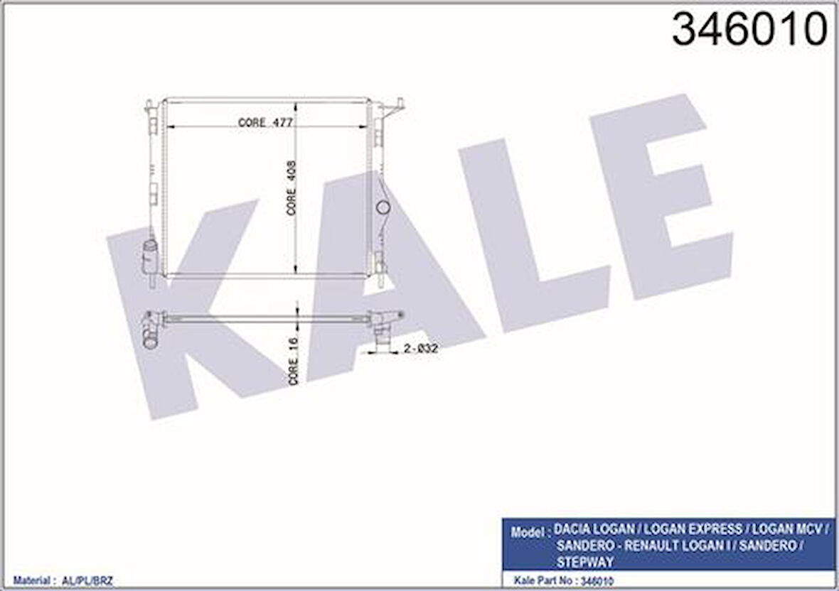 Kale 346010 Motor Radyatörü Logan Sandero II 1.2 1.4 1.5 8200735038
