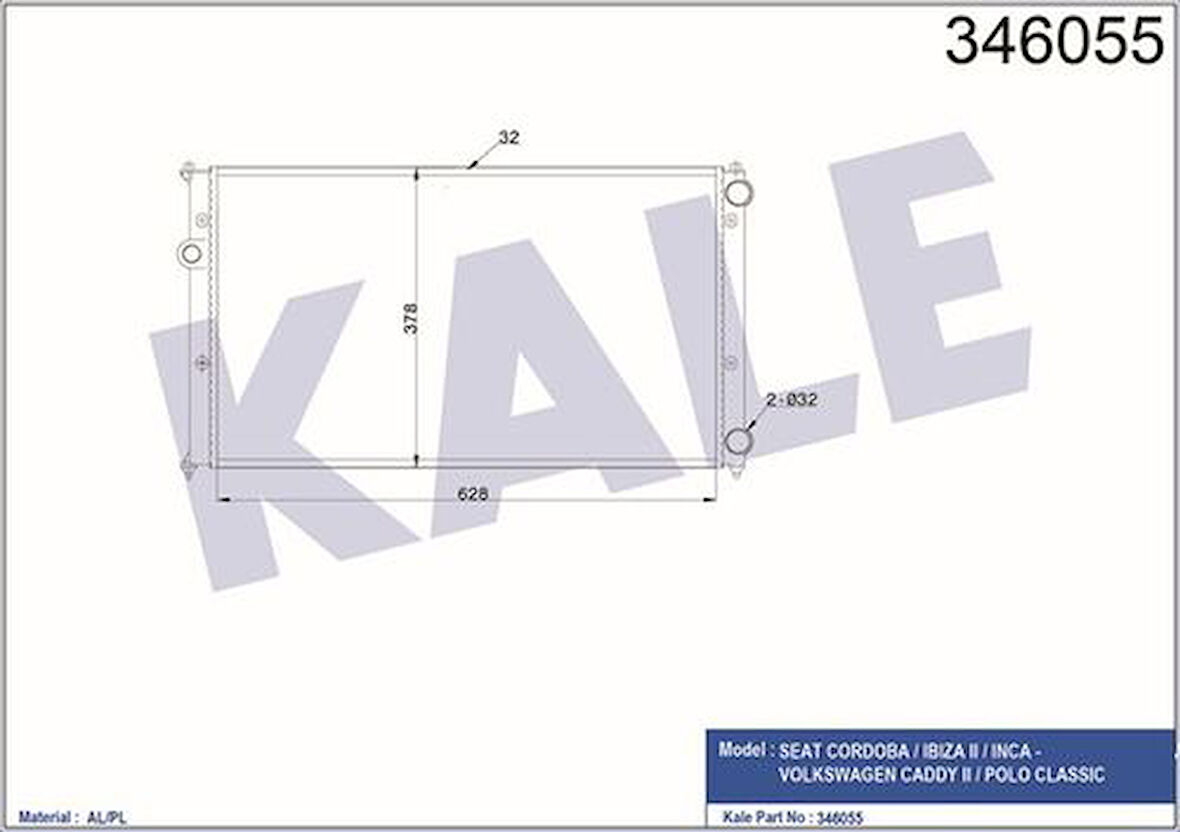 Kale 346055 Motor Su Radyatörü Caddy 1.4L Aex 1.6L 1F 1.9D 1Y 96-Klimalı Brazing Radyatör 1H0121253P