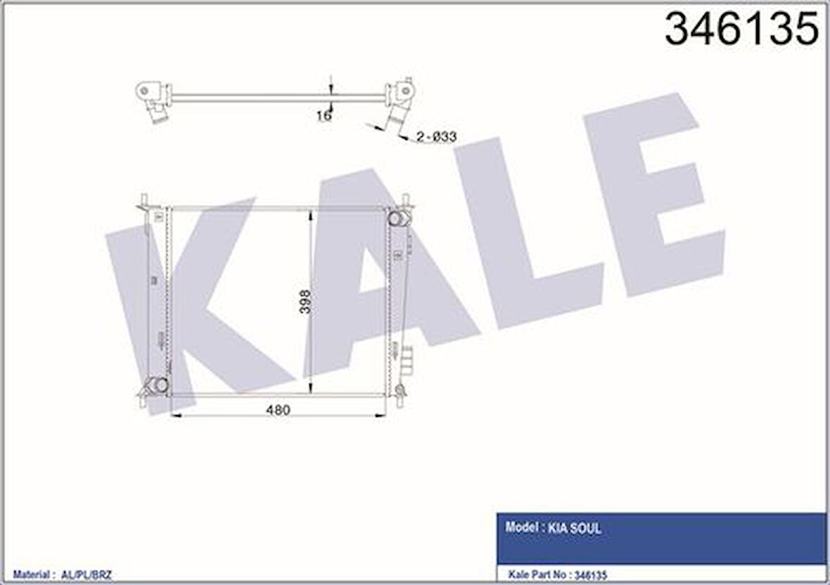 Kale 346135 Radyatör Kia Soul 1.6CVVT 09 Mek 480X414 Al Pl Brz 253102K000