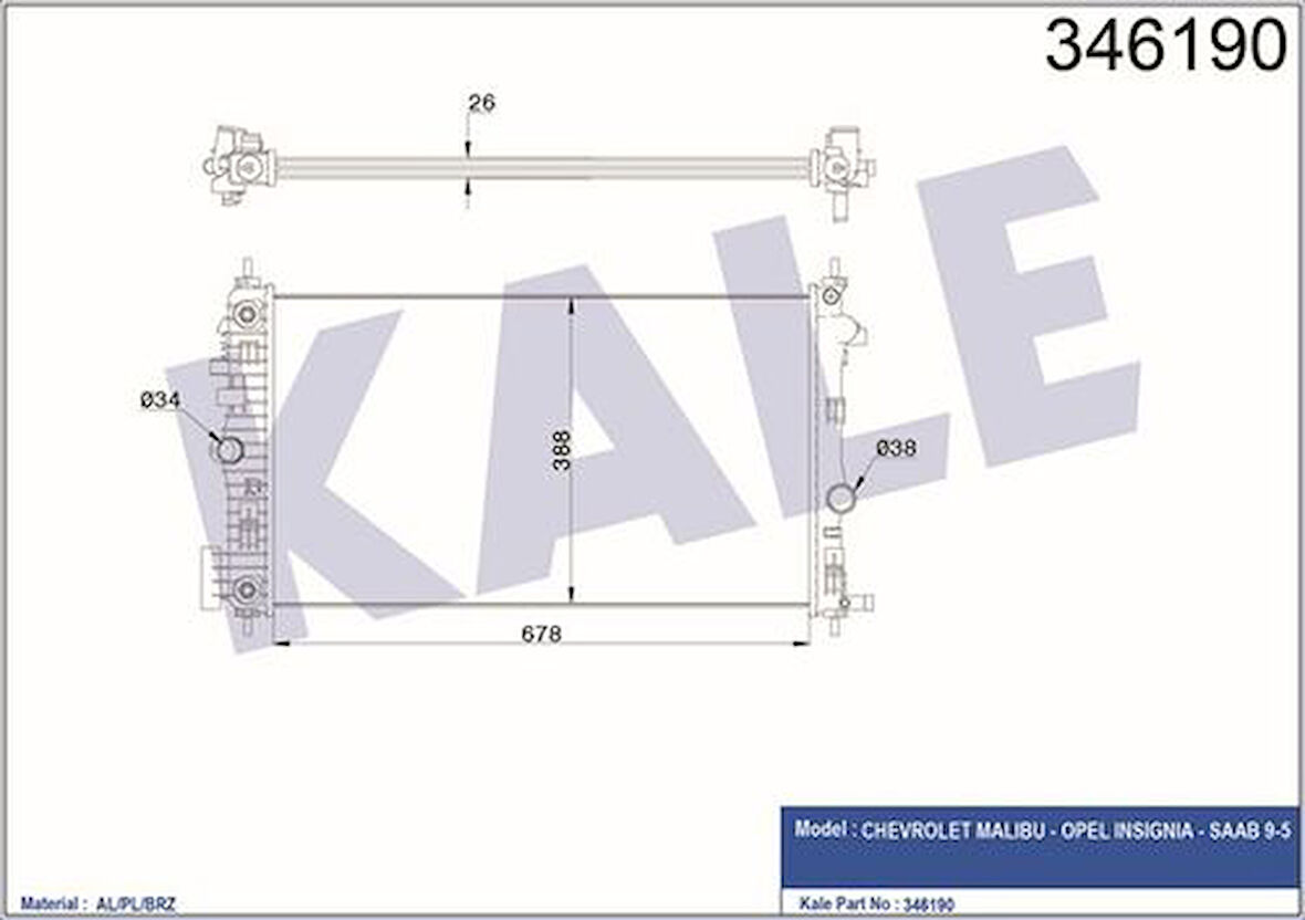 Kale 346190 Motor Su Radyatörü Otomatik Insignia A20DTH A20Dtr 1300290