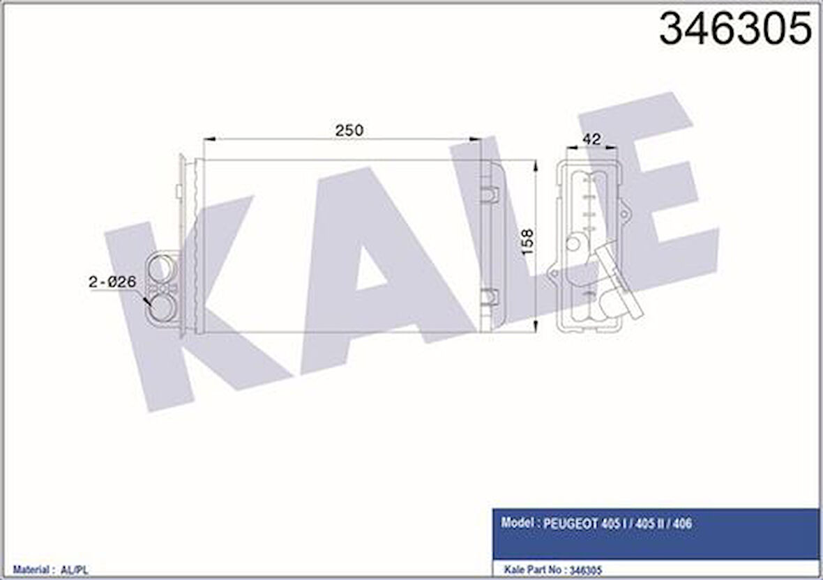 Kale 346305 Kalorifer Radyatörü Peugeot 405 YM Srı Xu9J2 1.9 8V P406 Behr Tipi 2.1 6448.58