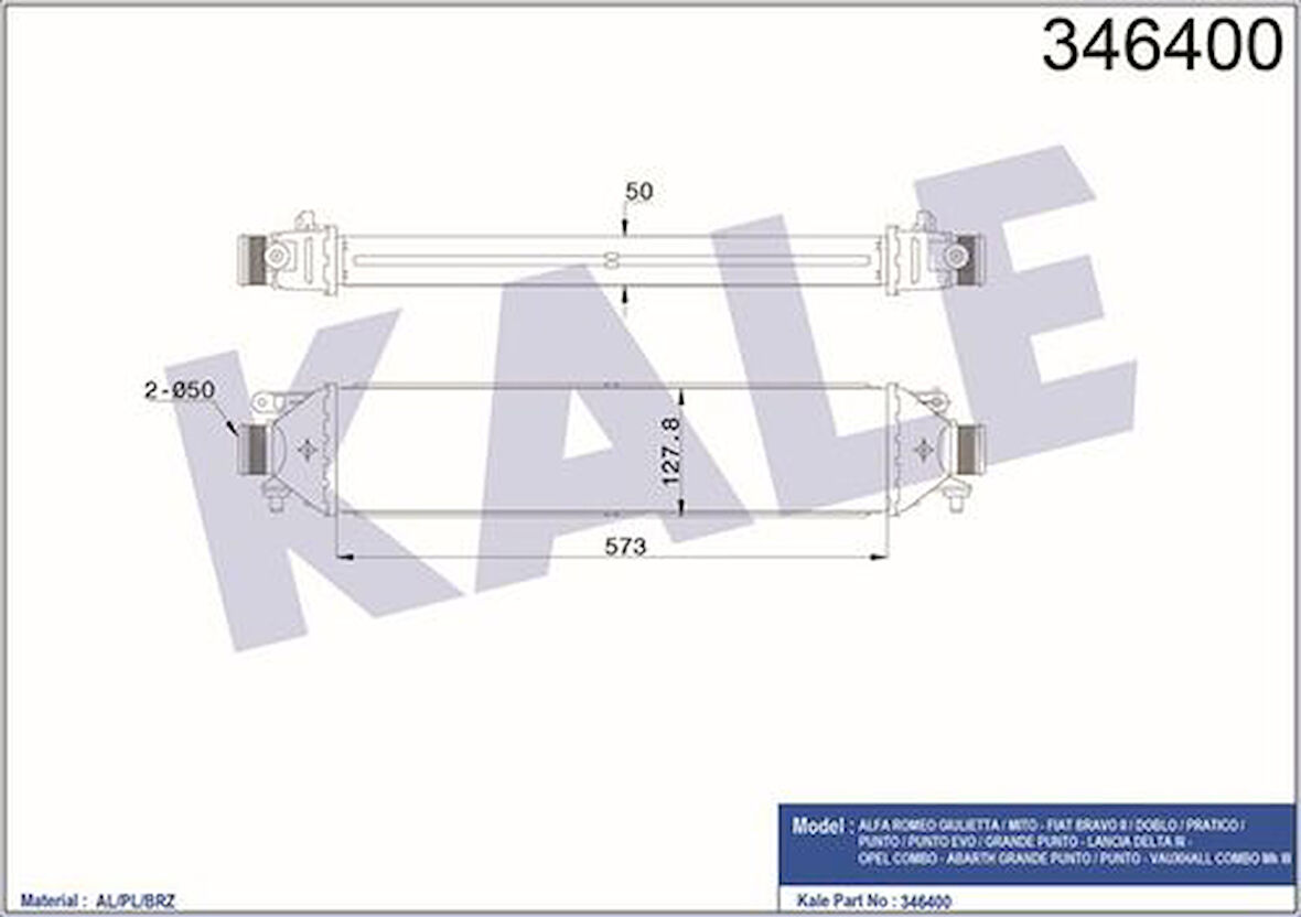 Kale 346400 Turbo Radyatörü Doblo III Punto Bravo 1.4Tjet 1.6D Multijet 1.9D Multijet 51833975