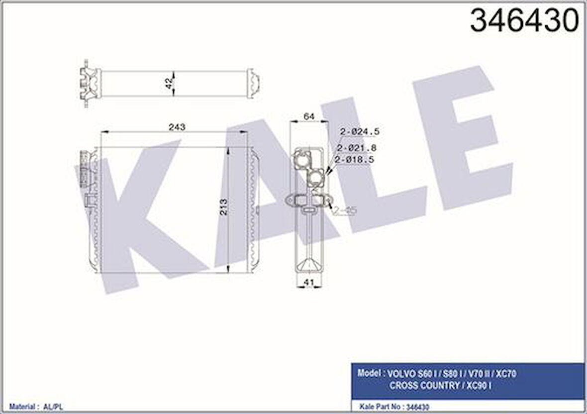 Kale 346430 Kalorifer Radyatörü Volvo S60 2.0T 2.4 2001-S80 1998 2006 V70 2000-XC70 2000-Xc89 9171503