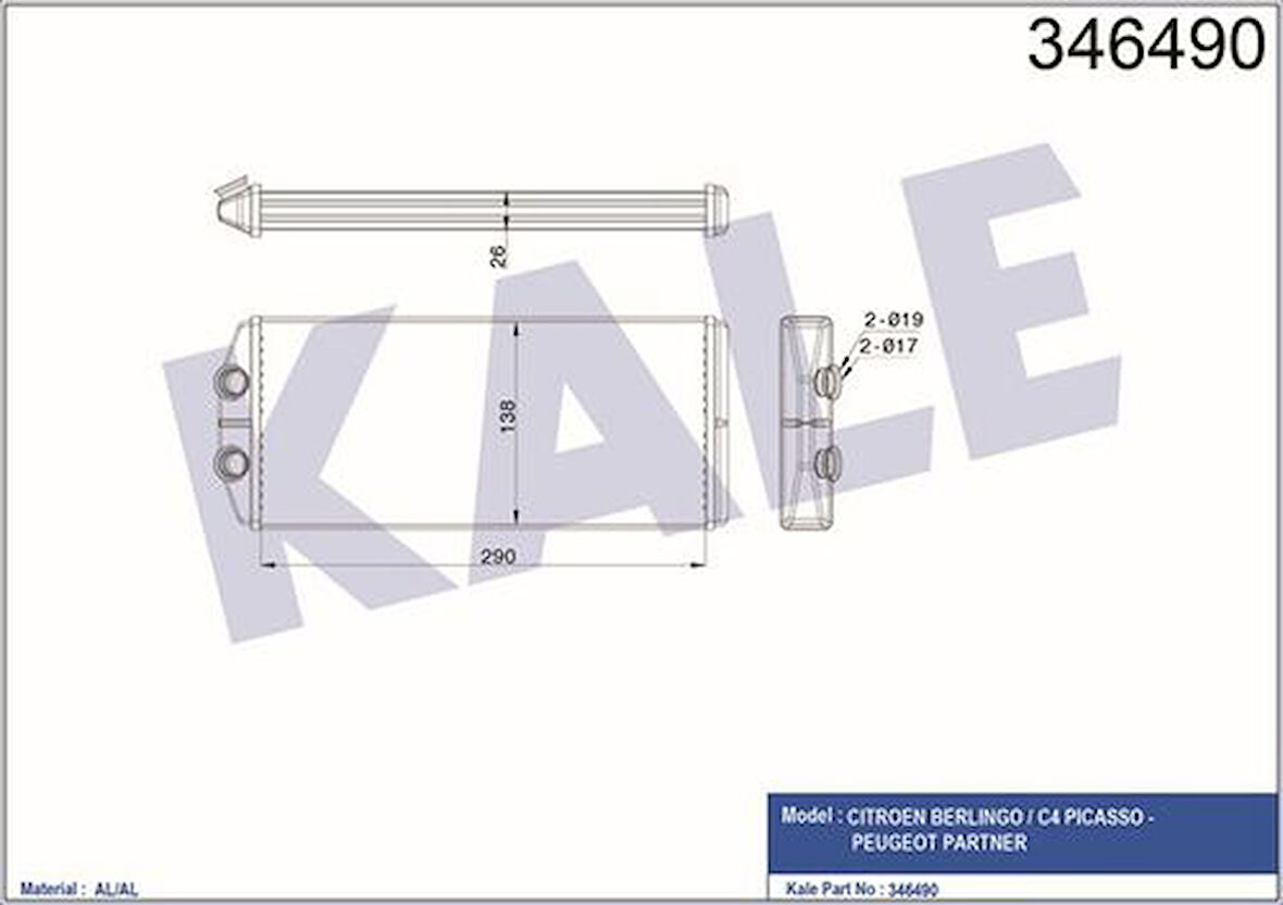 Kale 346490 Kalorifer Radyatörü Partner Tepee Berlingo III 08-1.6HDI 1.6 16V 6448Q6
