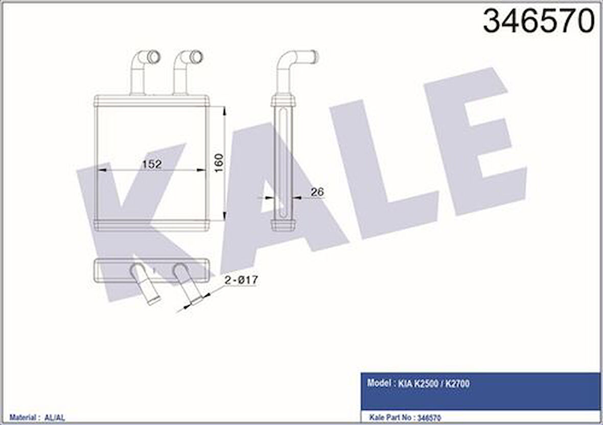 Kale 346570 Kalorifer Radyatörü Bongo K2500 K2700 1998 2004 170x165x26 OK60A61010