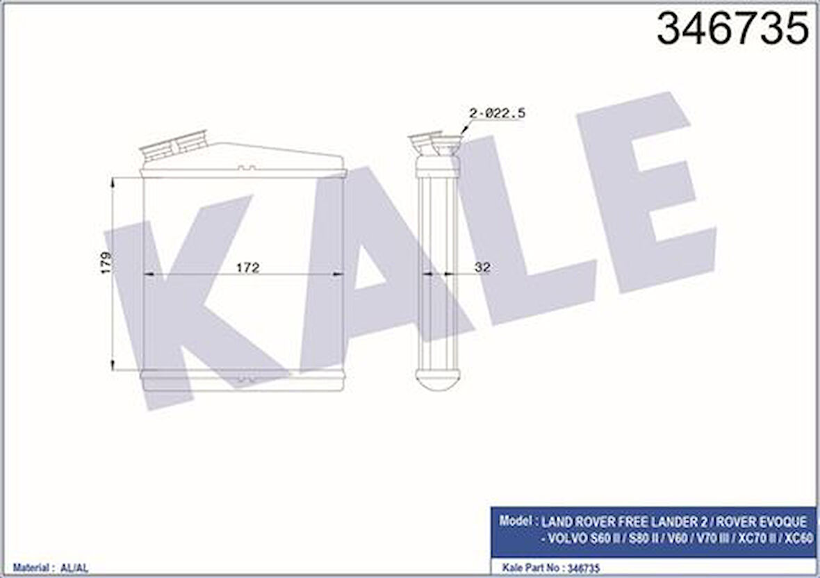 Kale 346735 Kalorifer Radyatörü Freelander 2 06-14 Evoque 12-18 Discovery Sport 15-S60 II S80 II V60 V70 III XC70 II Xc59 LR002632