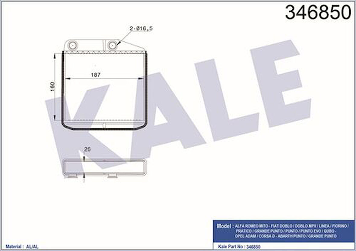 Kale 346850 Kalorifer Radyatörü Mito Doblo III Linea Fiorino Pratico Grande Punto Qubo Bipper Nemo Corsa D 1.2 1.3 1.3 77363898