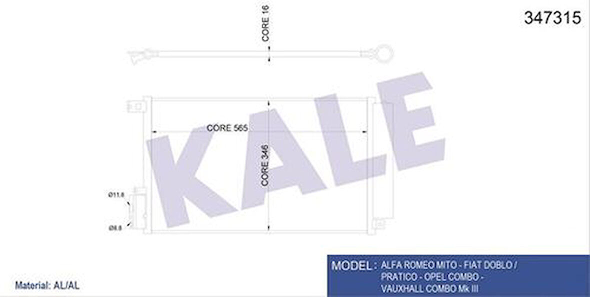 Kale 347315 Klima Radyatörü Doblo 1.4 09-Combo 12-Mito 1.4 08-565x346x16 50512105