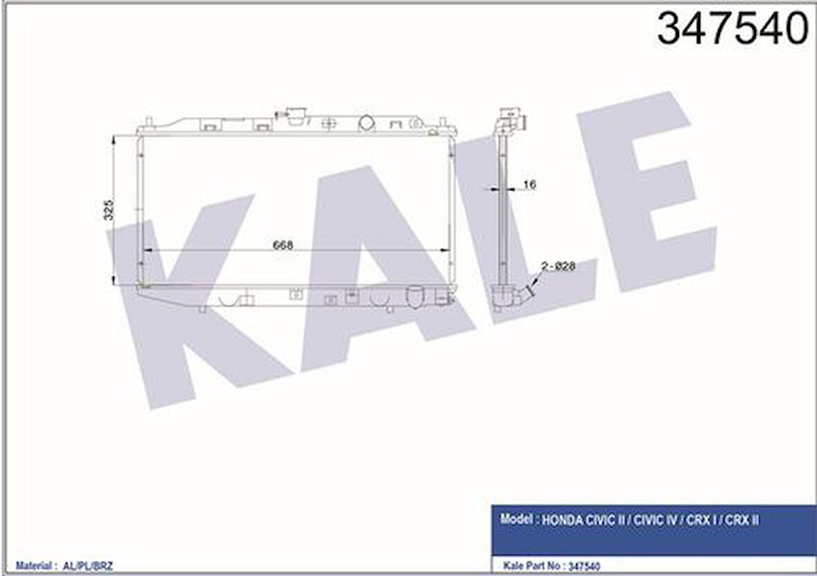 Kale 347540 Motor Su Radyatörü Honda Civic 1.6 Cr1.6 1987 1992 Manuel Vites 19010PM4003