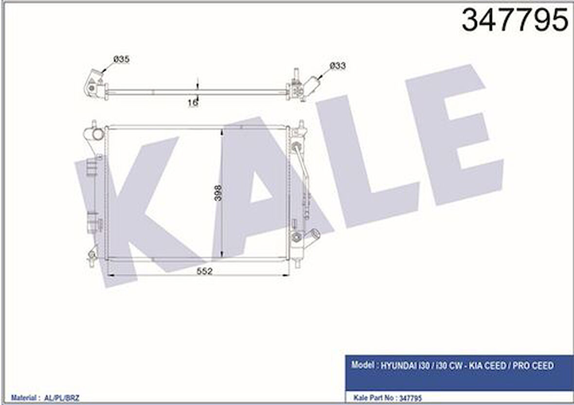 Kale 347795 Motor Su Radyatör Hyundai I30 1.6 Benzinli Otomatik 2012-Kia Ceed 1.6 Benzinli Otomatik 2012- 25310A6150