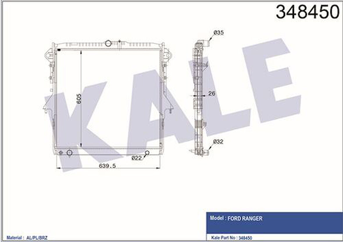 Kale 348450 Motor Radyatörü Ford Ranger 3.2 TDCI 11-Mt Kalınlık 26mm AB398005AD