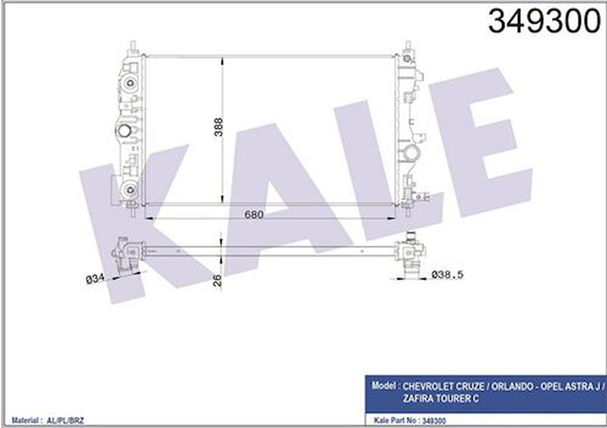 Kale 349300 Motor Su Radyatörü Otomatik Cruze-Astra J-Zafira C A14Nel-A14Net-A16XER-A16LET 1300306