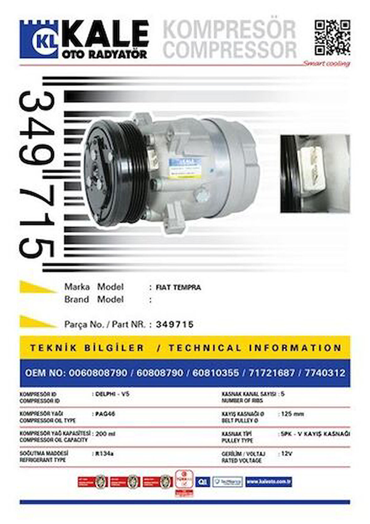 Kale 349715 Klıma Kompresoru Fıat Tempra 5Pk V Kayış Kasnağı 125Mm Klıma Kompresoru