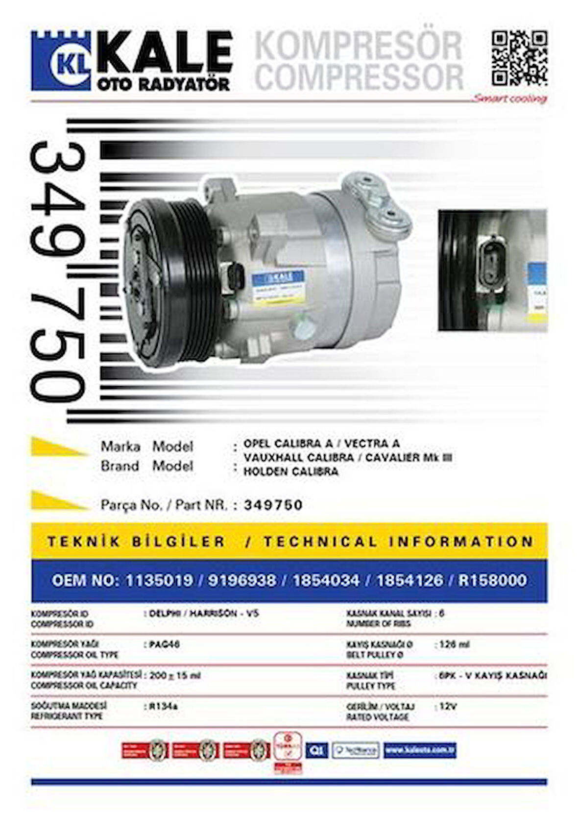 Kale 349750 Klıma Kompresoru Opel Calıbra A Vectra A 6Pk V Kayış Kasnağı 126Ml Klıma Kompresoru