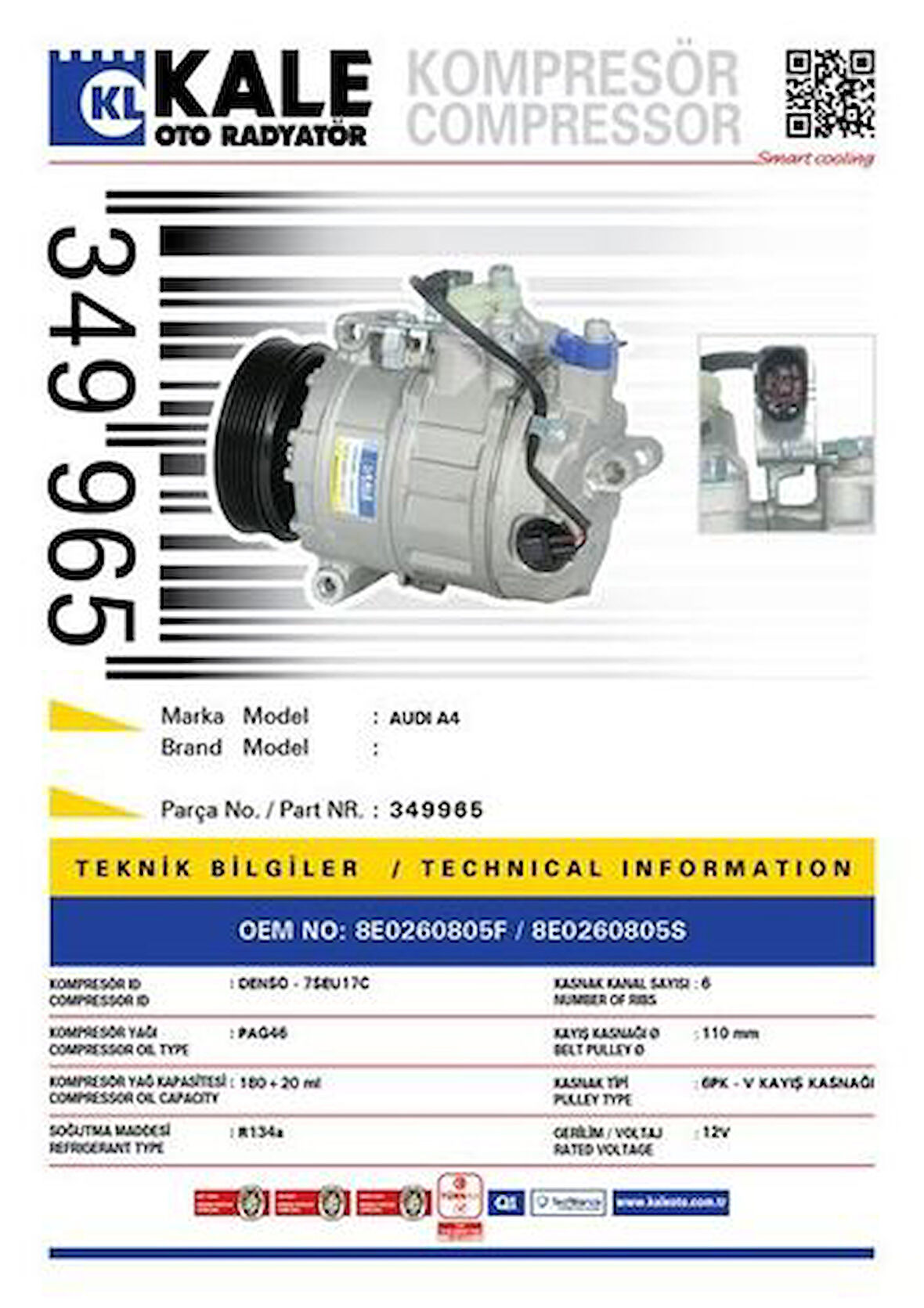 Kale 349965 Klıma Kompresoru Audı A4 01>05 6Pk V Kayış Kasnağı 110Mm