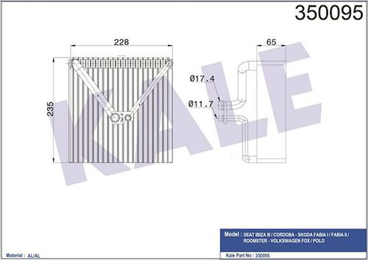 Kale 350095 Kalorifer Radyatörü Polo 02-Fabia 99-14 Rapid 12-Roomster 06-15 A1 10-Cordoba 02-09 Ibiza 02-09 Ibiza 12-Toledo IV 12- 6Q0820103