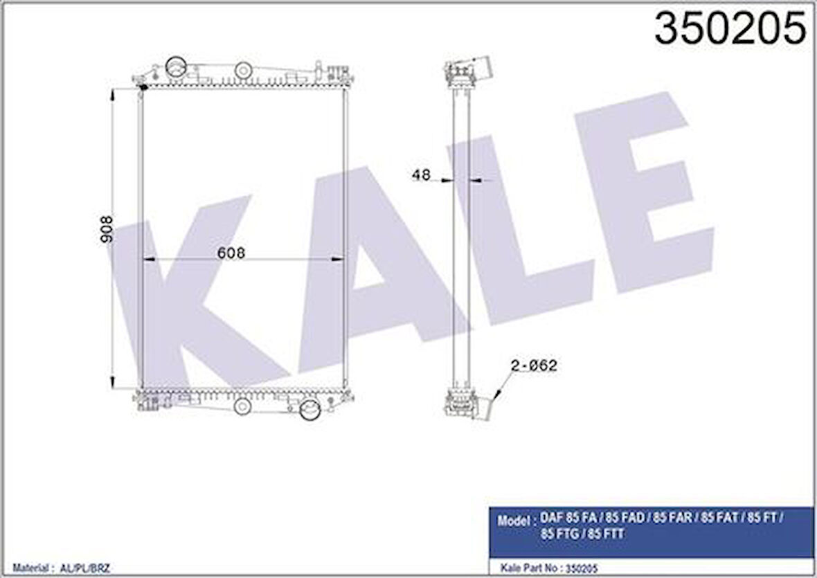 Kale 350205 Motor Su Radyatörü DAF 85 Fa 85 Fad 85 Far 85 Fat 85 Ft 85 Ftg 85 FTT (Çerçevesiz) (Mt) 1241583