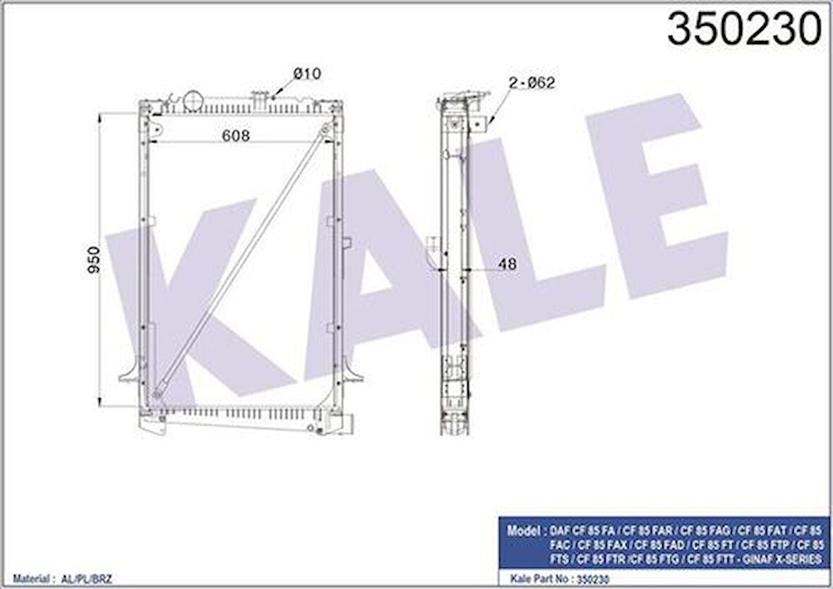 Kale 350230 Motor Su Radyatörü DAF CF 85 Fa Cf 85 Far Cf 85 Fag Cf 85 Fat Cf 85 Fac Cf 85 Fax Cf 85 Fad (Çerçeveli) 1371372