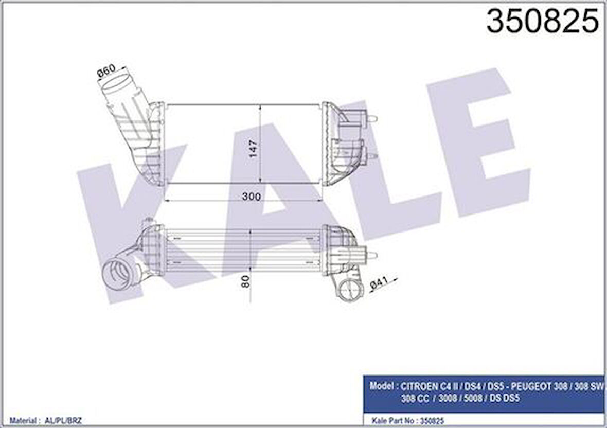 Kale 350825 Turbo Intercooler Radyatörü 308 3008 5008 C4 DS4 DS5 DW10Cted4 DW10Cb Ölçü 155 300x80 0384.P8