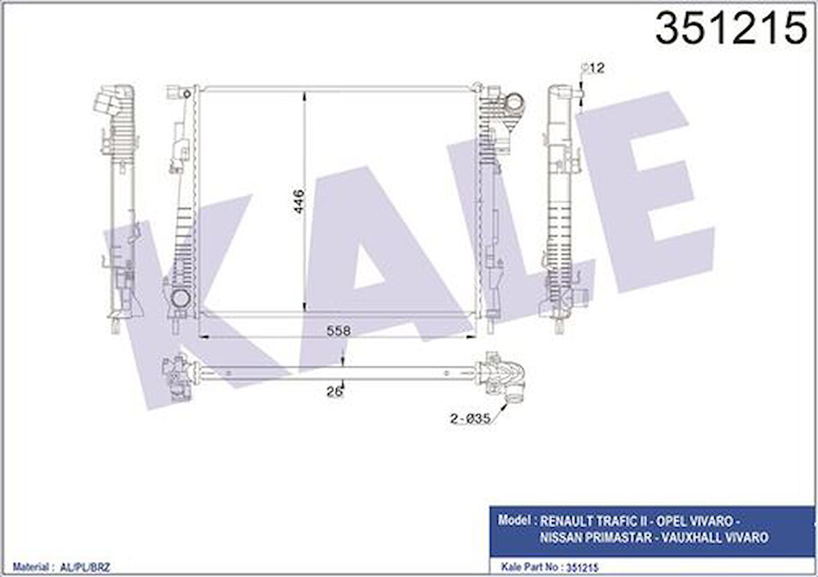 Kale 351215 Motor Radyatörü Trafic II Vivaro Primastar Vauxhall Vivaro 8200411166