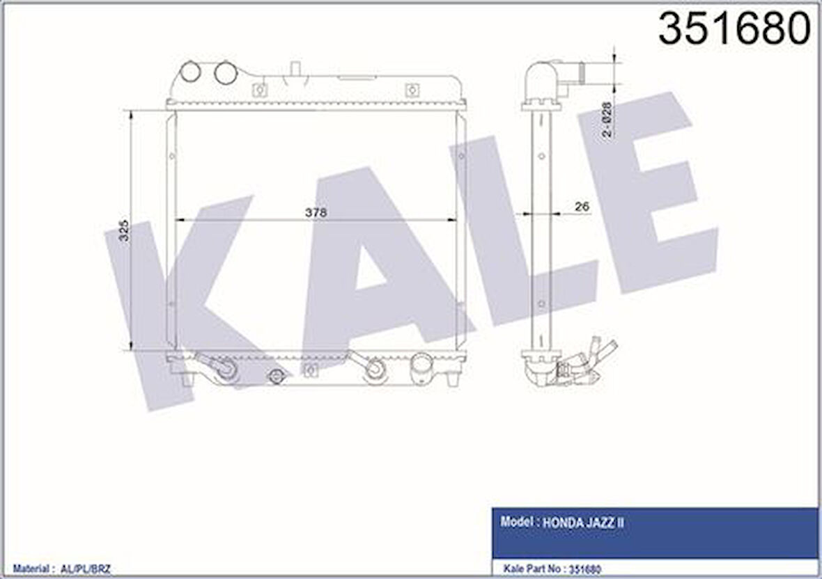 Kale 351680 Motor Su Radyatörü Honda Jazz 2002-2008 Manuel Vites 328x378x26 19010PWA901