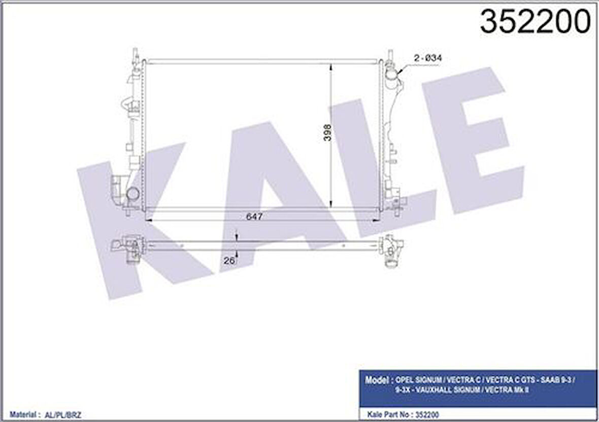 Kale 352200 Motor Su Radyatörü Brazing Vectra C Signum Z16Xe Z18Xe 1300244