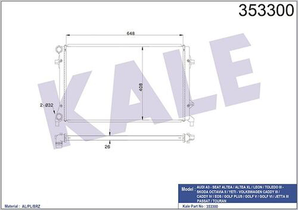 Kale 353300 Motor Radyatörü Brazing Caddy III Golf V VI Passat A3 Leon Octavia 1.4 TSI 1.6TDI 1.9TDI 2.0TSI 04-9 1K0121251DF