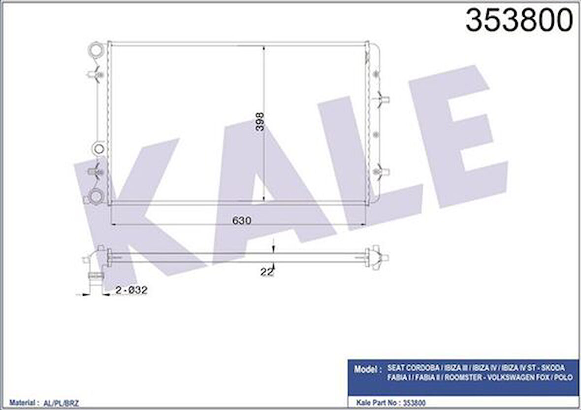 Kale 353800 Motor Radyatörü Brazing Polo Cordoba Ibiza IV V Fabia Roomster 1.2 1.4 1.6 1.9TDI 99-15 6Q0121253R
