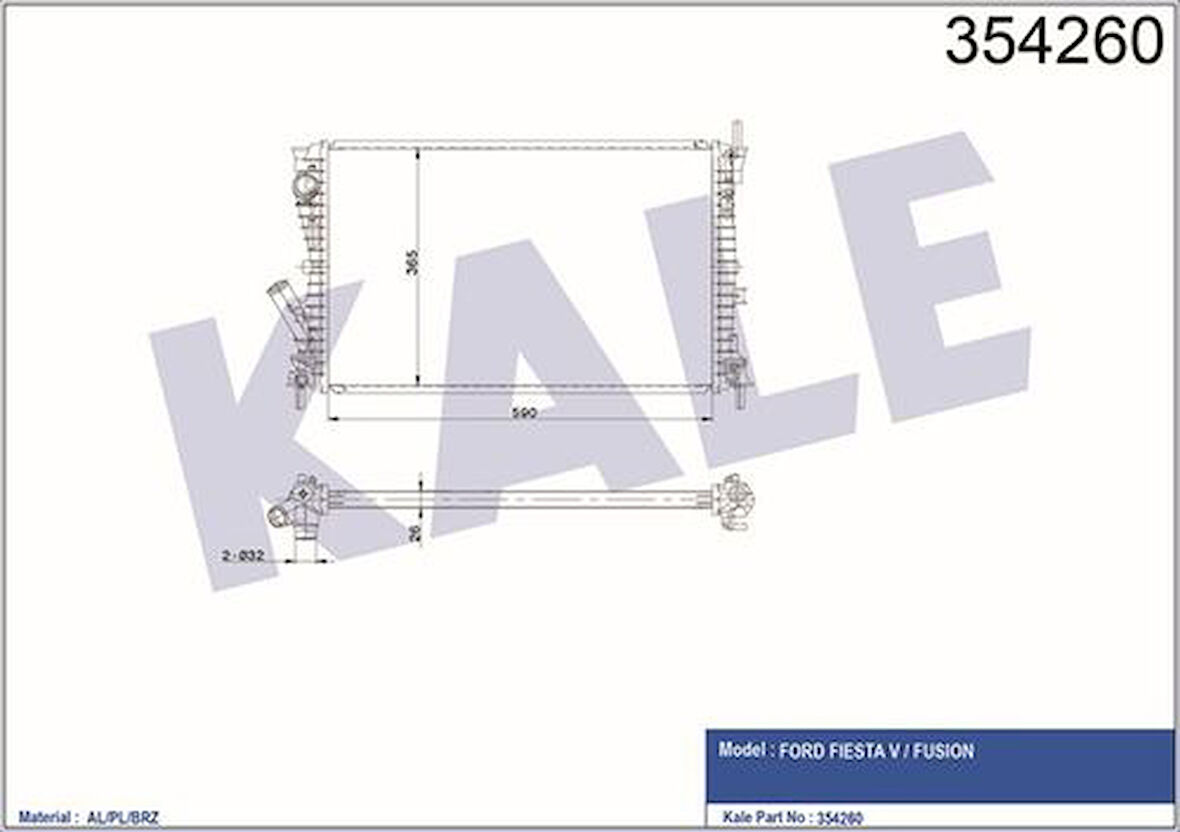 Kale 354260 Motor Su Radyatörü Fiesta 02-08 1.6 TDCI Mt 26mm Al Pl Brz 5S6H8005AD