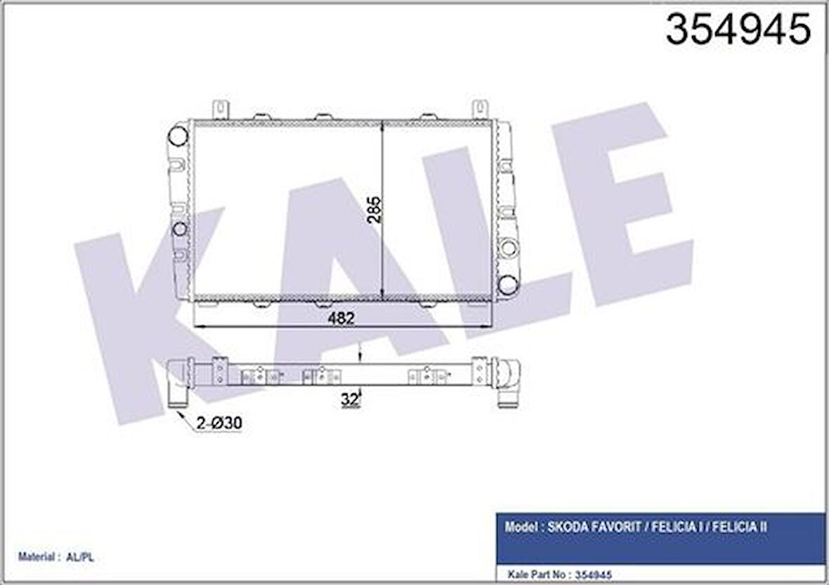 Kale 354945 Radyatör Al Pl Brz Skoda Favorit-Felicia I-Felicia II Radyatör 6U0121251