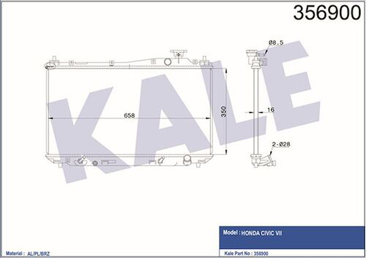 Kale 356900 Motor Su Radyatörü Honda Civic VTEC 2001 2006 Otomatik Vites 350x658x16 19010PLMA51