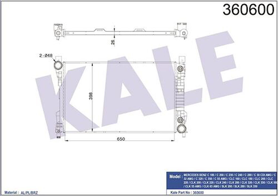 Kale 360600 Motor Su Radyatörü W203 00-07 Cl203 02-08 S203 01-07 C209 02-09 A209 03-10 R171 04-10 2035000503