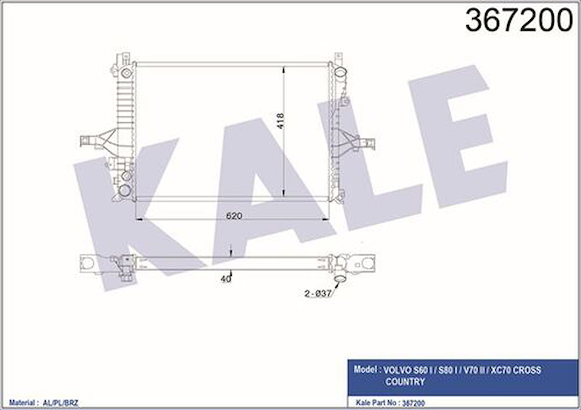 Kale 367200 Motor Su Radyatörü Volvo S60 I 00-2.0T 2.3T 2.4D 2.4I 2.5T At S70 00-At S80 I 98-At XC70 00-At 36000488