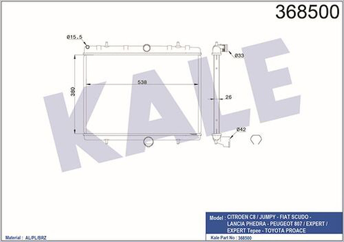 Kale 368500 Motor Radyatörü Expert III Jumpy III Scudo III 1.6HDI 2.0HDI P807 C8 2.0HDI 16V Ölçü 718x425x26 1330Q7