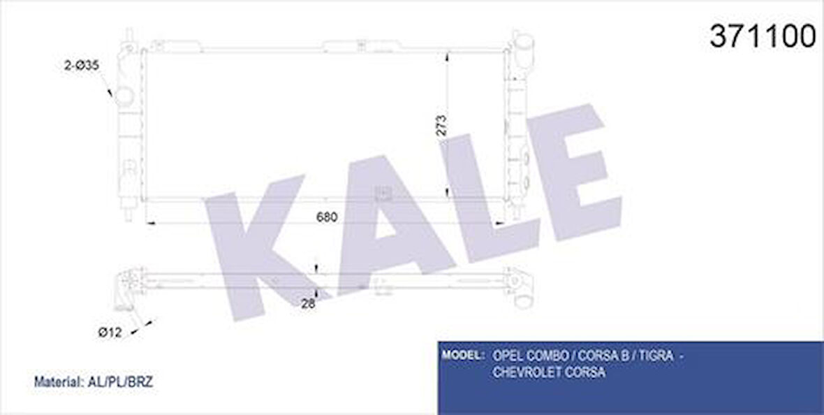 Kale 371100 Motor Su Radyatörü Combo Corsa Corsa B Tigra 680x273x26 Brazing Manuel Vites 1300152