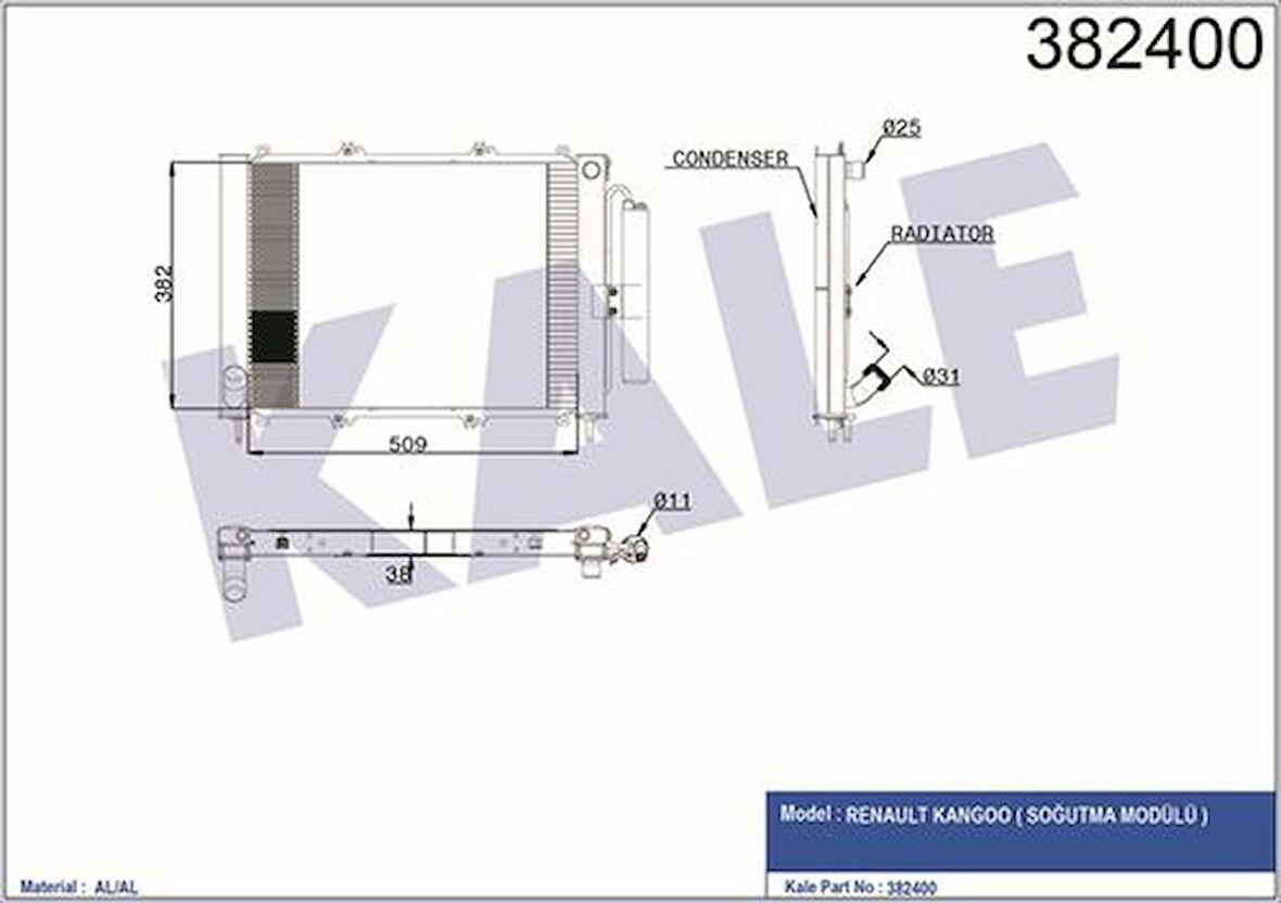 Kale 382400 Motor Radyatörü Klima Radyatörü Kangoo 1.9DCI 1.5 DCI 03- 8200732379