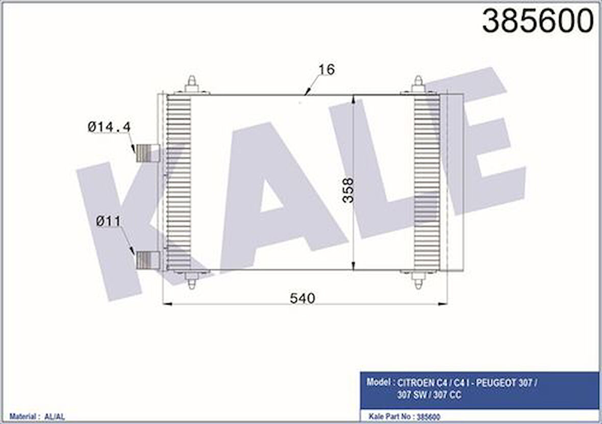 Kale 385600 Klima Radyatörü Kondanser P307 C4 2.0HDI 8V 16V 01-Ölçü 540x358x16 6453FH