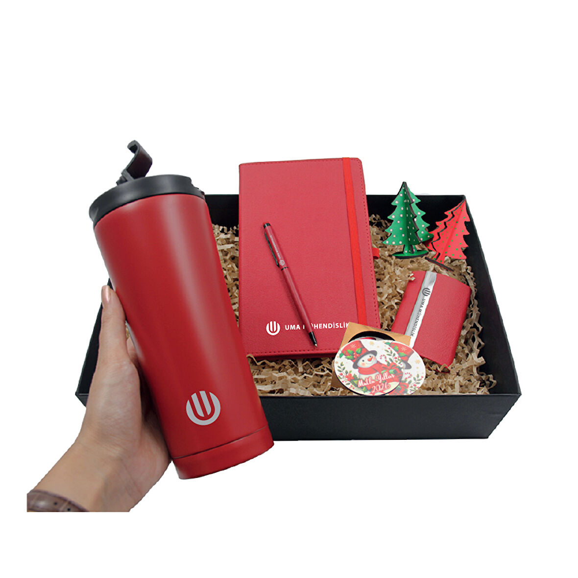 Kırmızı Dörtlü Set | VIP Hediye Özel Kutusu ile - Termos, Defter, Defter ve Kartvizitlik