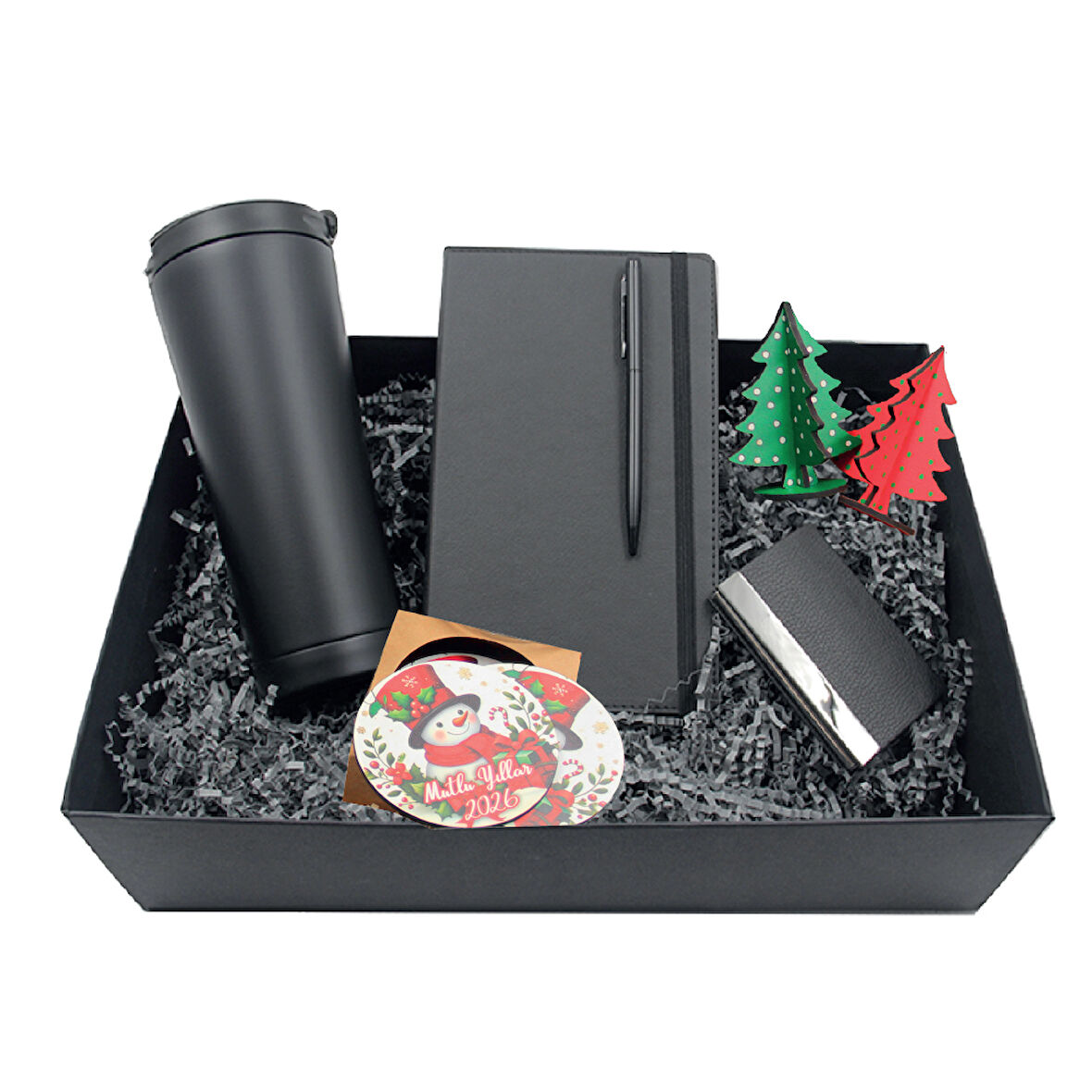 Siyah Dörtlü Set | VIP Hediye Özel Kutusu ile - Termos, Defter, Defter ve Kartvizitlik