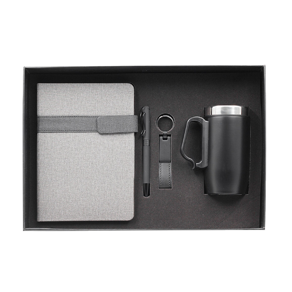 VIP Siyah Dörtlü Hediye Set / Defter, Kalem, Anahtarlık ve Termos
