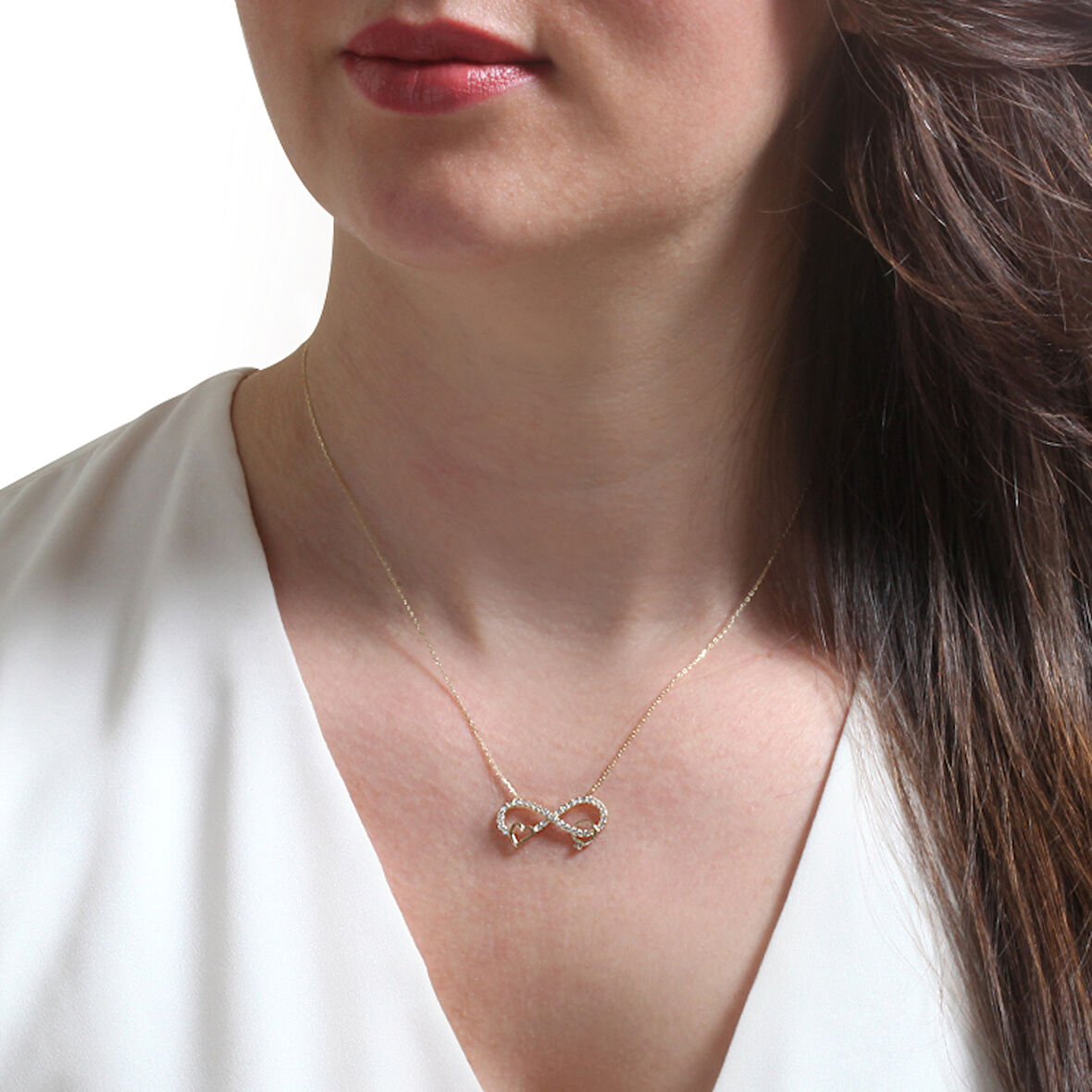 Altın Tektaş Ve Kalp Detaylı Sonsuzluk Kolye (KLY0011)