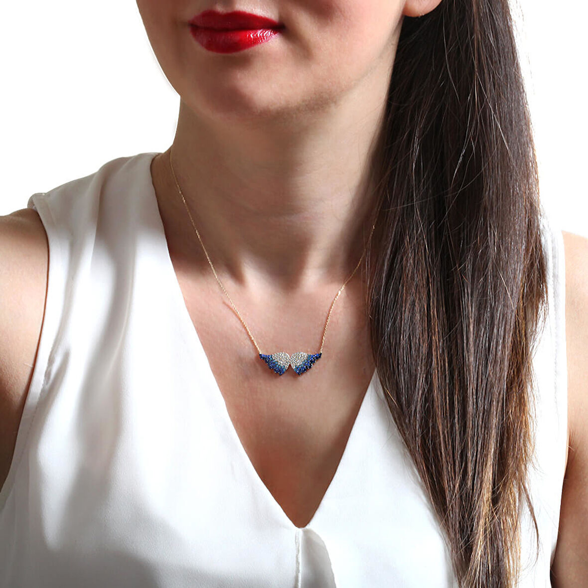 Mavi Taşlı Melek Kanadı Altın Kolye (KLY0018)