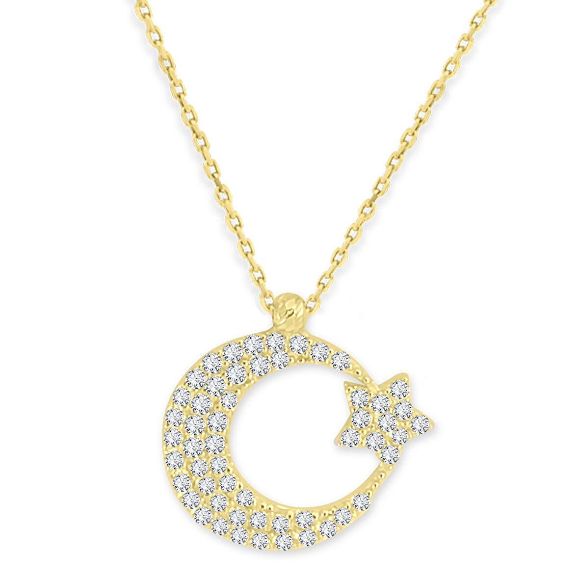 Altın 14 Ayar Taşlı Ay Yıldız Kolye (KLY0277)