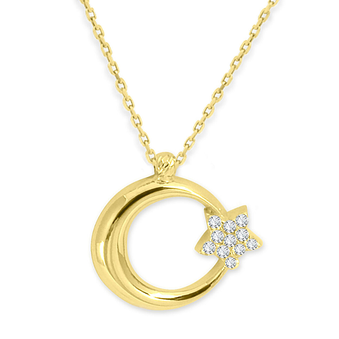 Yıldızı Taş Detaylı Altın Ay Yıldız Kolye (KLY0279)