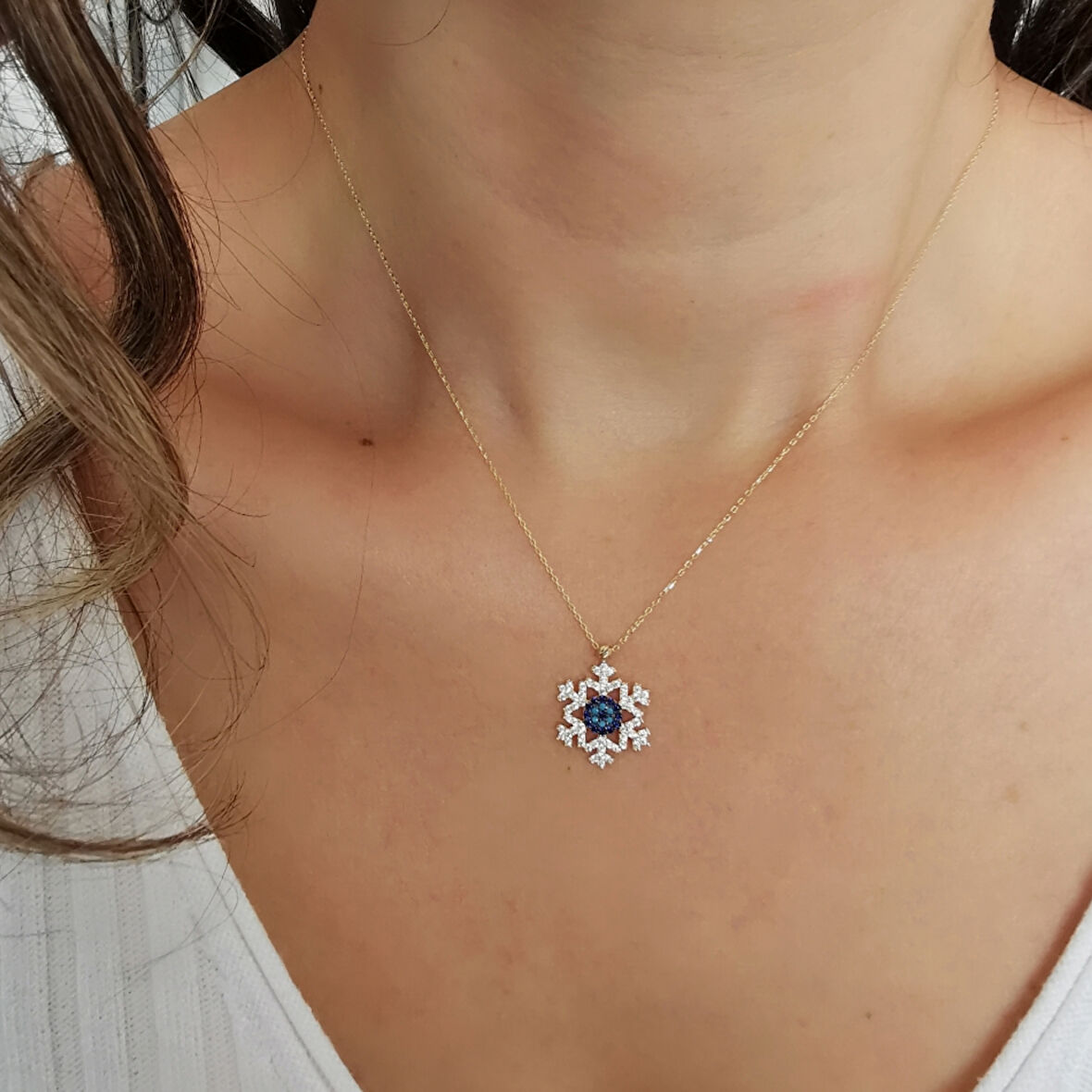 Ortası Nazar Detay Altın Kar Tanesi Kolye (KLY0290)