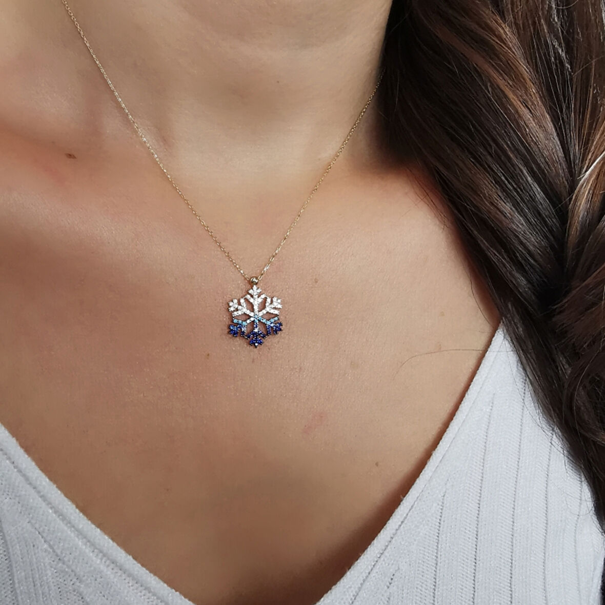 Altın Mavi Taş Kombinli Kar Tanesi Kolye (KLY0291)